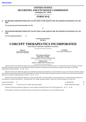 Thumbnail Corcept Therapeutics
 Quarterly Report 2012-q3