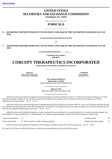 Thumbnail Corcept Therapeutics
 Quarterly Report 2013-q2