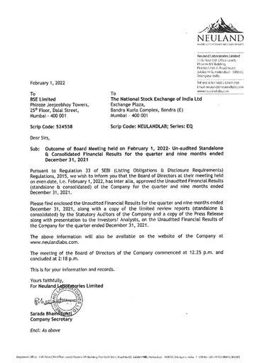 Miniature Neuland Laboratories Rapport trimestriel 2021-q3