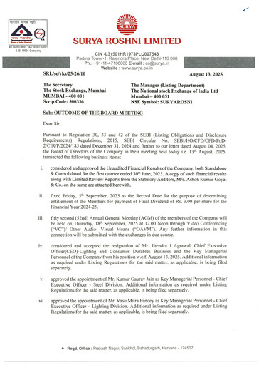Thumbnail Surya Roshni Quarterly Report 2025-q1