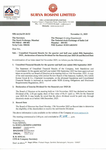 Thumbnail Surya Roshni Quarterly Report 2025-q2