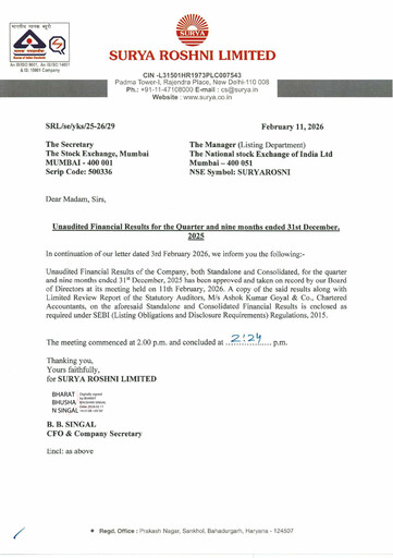 Thumbnail Surya Roshni Quarterly Report 2025-q3