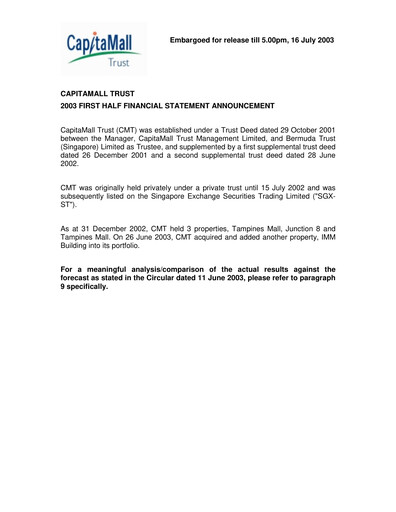 Thumbnail CapitaLand Mall Trust Half-year Report 2003
