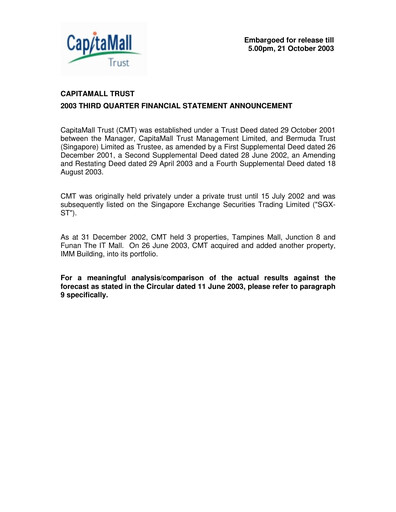 Thumbnail CapitaLand Mall Trust Quarterly Report 2003-q3