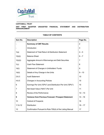 Thumbnail CapitaLand Mall Trust Quarterly Report 2007-q1