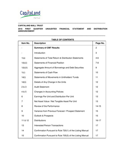 Thumbnail CapitaLand Mall Trust Quarterly Report 2018-q1