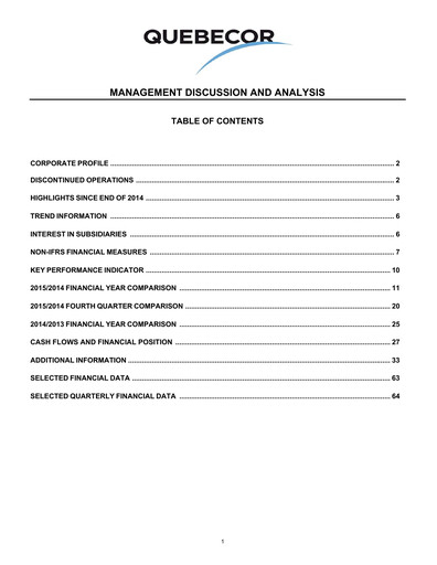 Miniature Quebecor Rapport financier 2015