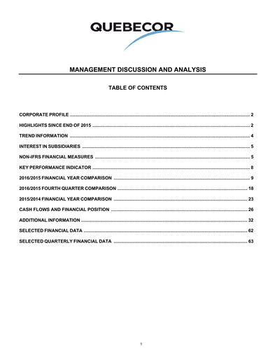 Miniature Quebecor Rapport financier 2016