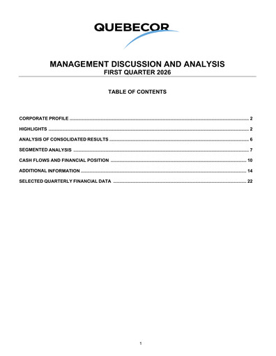 Thumbnail Quebecor Quarterly Report 2026-q1