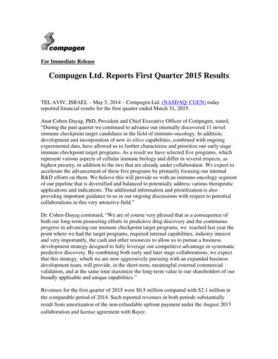 Thumbnail Compugen Quarterly Report 2015-q1