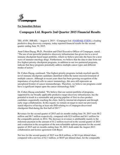 Thumbnail Compugen Quarterly Report 2015-q2
