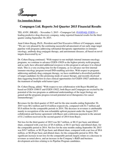 Thumbnail Compugen Quarterly Report 2015-q3