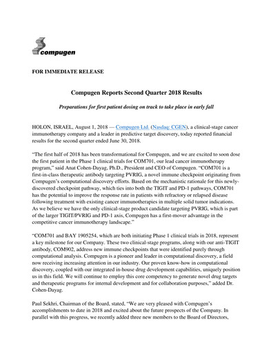 Thumbnail Compugen Quarterly Report 2018-q2
