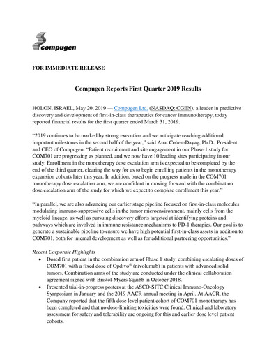Thumbnail Compugen Quarterly Report 2019-q1