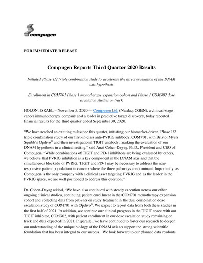 Thumbnail Compugen Quarterly Report 2020-q3