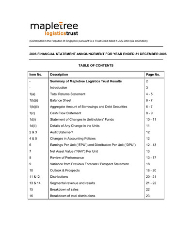 Thumbnail Mapletree Logistics Trust Financial Statement 2006