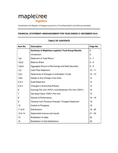 Thumbnail Mapletree Logistics Trust Financial Statement 2010