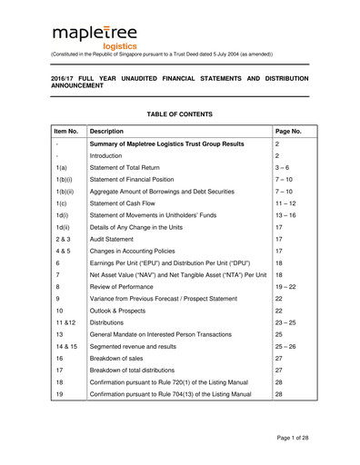 Thumbnail Mapletree Logistics Trust Financial Statement 2016-2017