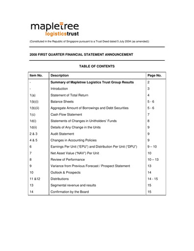 Thumbnail Mapletree Logistics Trust Quarterly Report 2008-q1