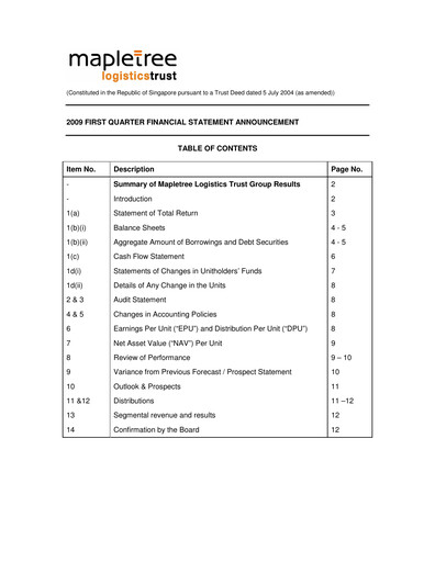 Thumbnail Mapletree Logistics Trust Quarterly Report 2009-q1