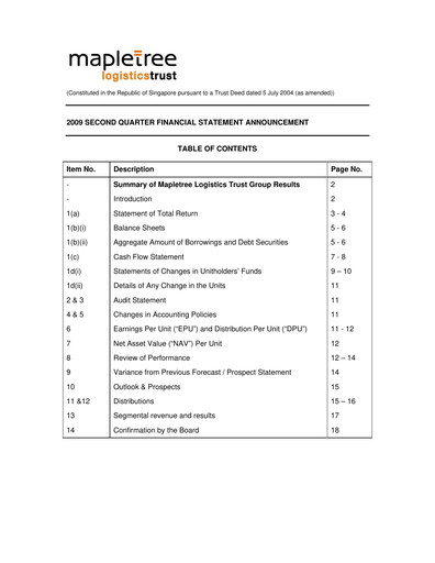 Thumbnail Mapletree Logistics Trust Quarterly Report 2009-q2