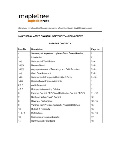 Thumbnail Mapletree Logistics Trust Quarterly Report 2009-q3