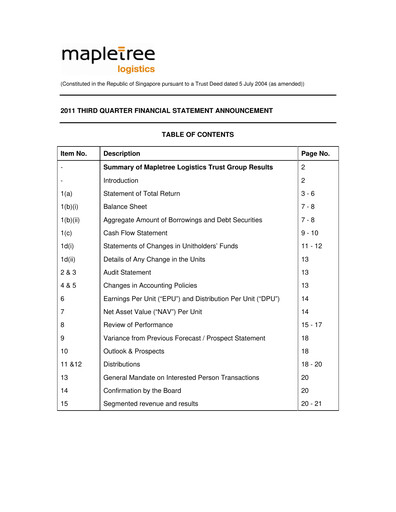 Thumbnail Mapletree Logistics Trust Quarterly Report 2011-q3