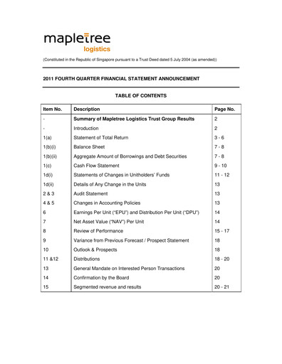 Thumbnail Mapletree Logistics Trust Quarterly Report 2011-q4