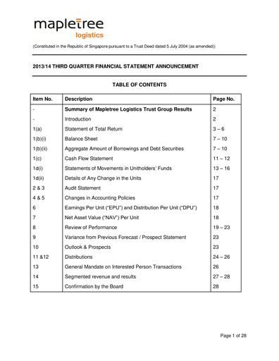 Thumbnail Mapletree Logistics Trust Quarterly Report 2013-q3