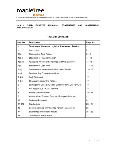 Thumbnail Mapletree Logistics Trust Quarterly Report 2014-q3