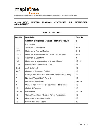 Thumbnail Mapletree Logistics Trust Quarterly Report 2015-q1