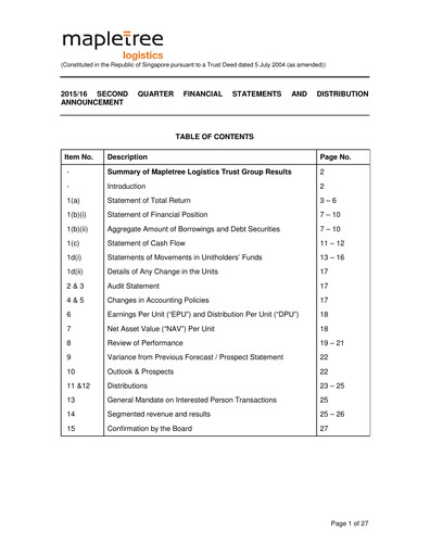 Thumbnail Mapletree Logistics Trust Quarterly Report 2015-q2