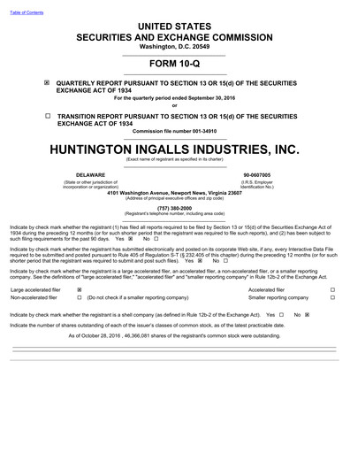 Thumbnail Huntington Ingalls Industries
 Quarterly Report 2016-q3