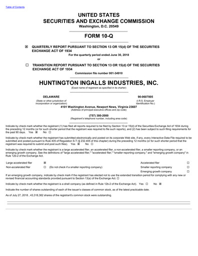 Thumbnail Huntington Ingalls Industries
 Quarterly Report 2018-q2