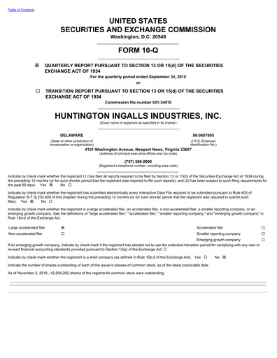 Thumbnail Huntington Ingalls Industries
 Quarterly Report 2018-q3