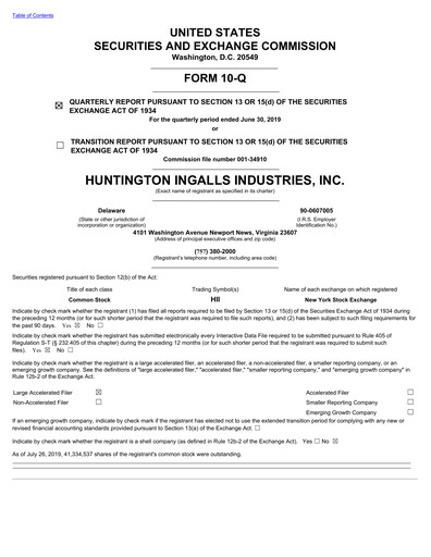 Thumbnail Huntington Ingalls Industries
 Quarterly Report 2019-q2