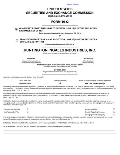 Thumbnail Huntington Ingalls Industries
 Quarterly Report 2019-q3