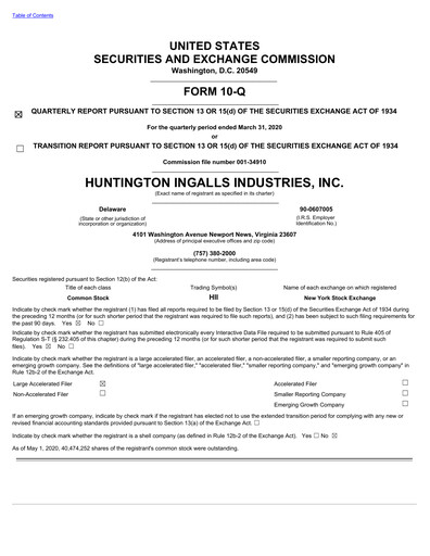 Thumbnail Huntington Ingalls Industries
 Quarterly Report 2020-q1
