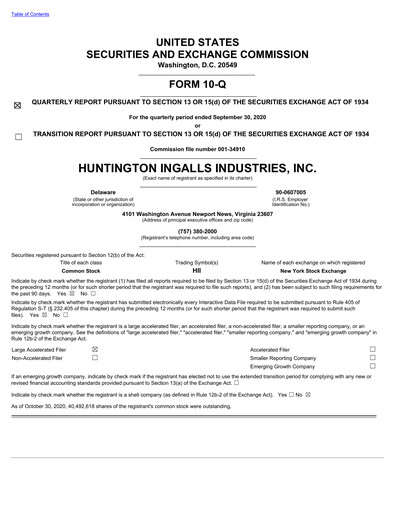 Thumbnail Huntington Ingalls Industries
 Quarterly Report 2020-q3