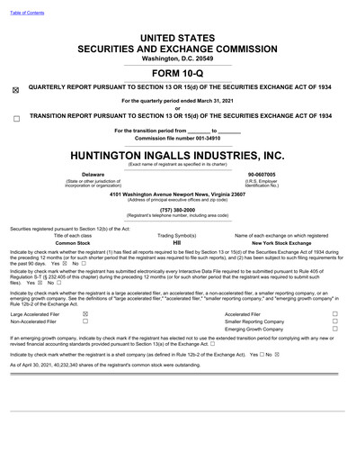 Thumbnail Huntington Ingalls Industries
 Quarterly Report 2021-q1