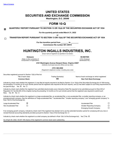 Thumbnail Huntington Ingalls Industries
 Quarterly Report 2022-q1