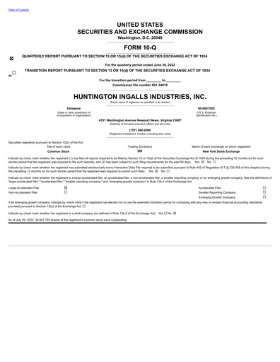 Thumbnail Huntington Ingalls Industries
 Quarterly Report 2022-q2