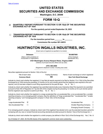 Thumbnail Huntington Ingalls Industries
 Quarterly Report 2023-q3