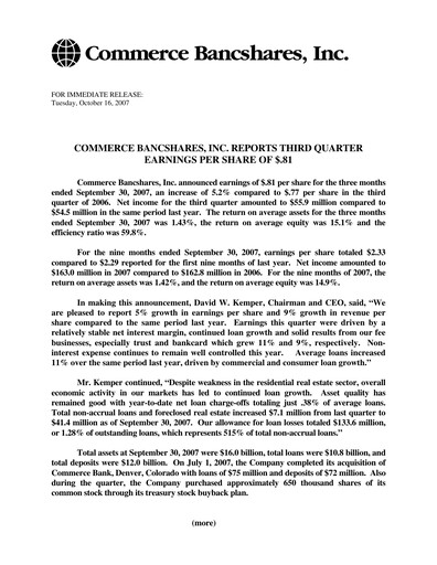 Thumbnail Commerce Bancshares
 Quarterly Report 2007-q3