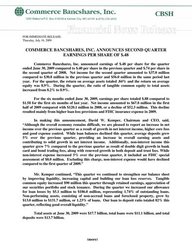 Thumbnail Commerce Bancshares
 Quarterly Report 2009-q2
