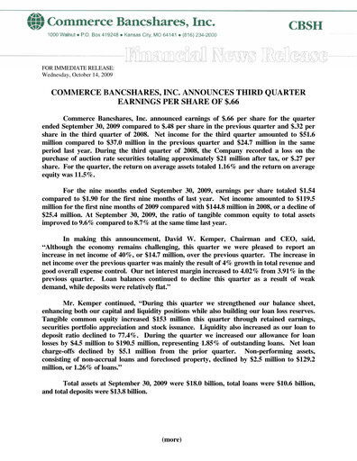 Thumbnail Commerce Bancshares
 Quarterly Report 2009-q3