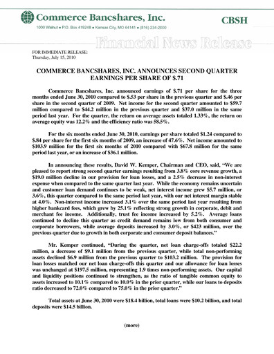 Thumbnail Commerce Bancshares
 Quarterly Report 2010-q2