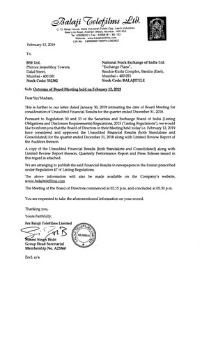 Thumbnail Balaji Telefilms
 Quarterly Report 2018-q3