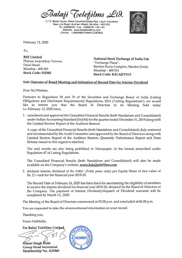 Thumbnail Balaji Telefilms
 Quarterly Report 2019-q3
