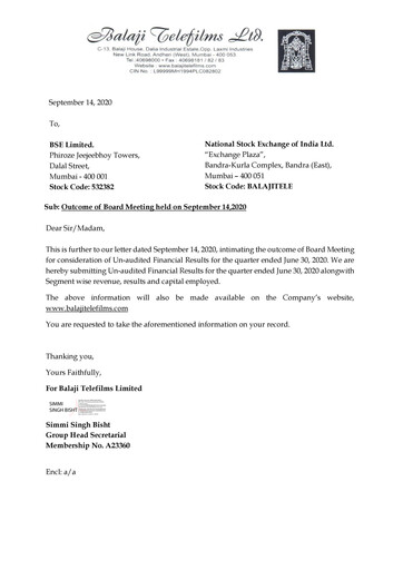 Thumbnail Balaji Telefilms
 Quarterly Report 2020-q1